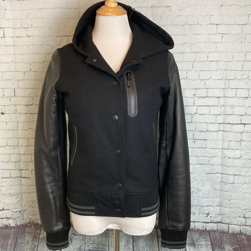 Nike NSW Black Leather Wool Hooded Destroyer Varsity Bomber Jacket S Letterman
